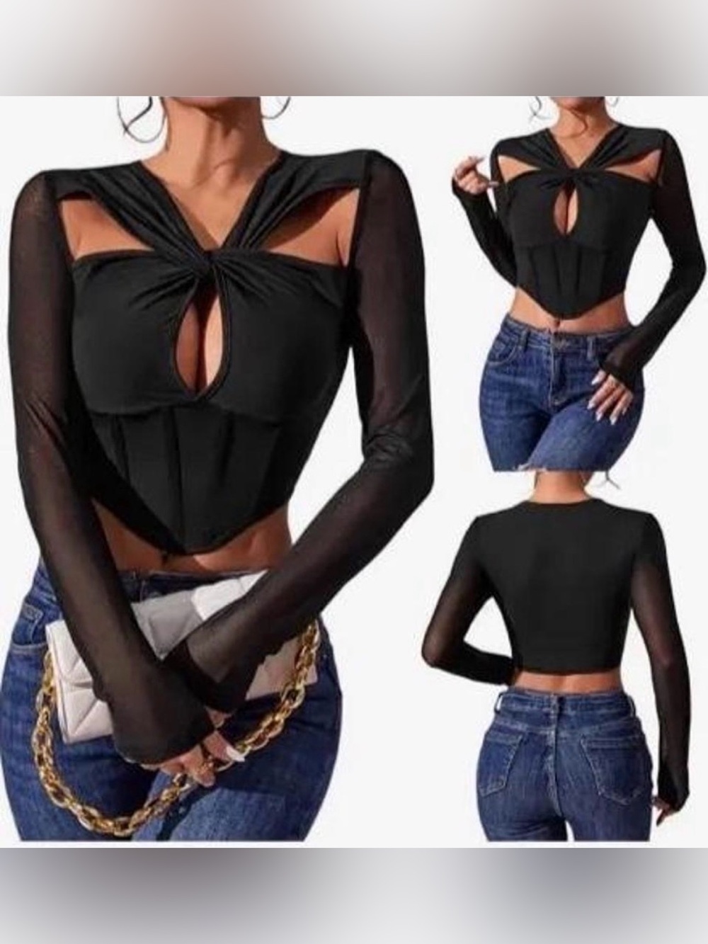 🎀 Fashion Nova Black Mesh Long Sleeve Corset Crop Top – Size M🎀